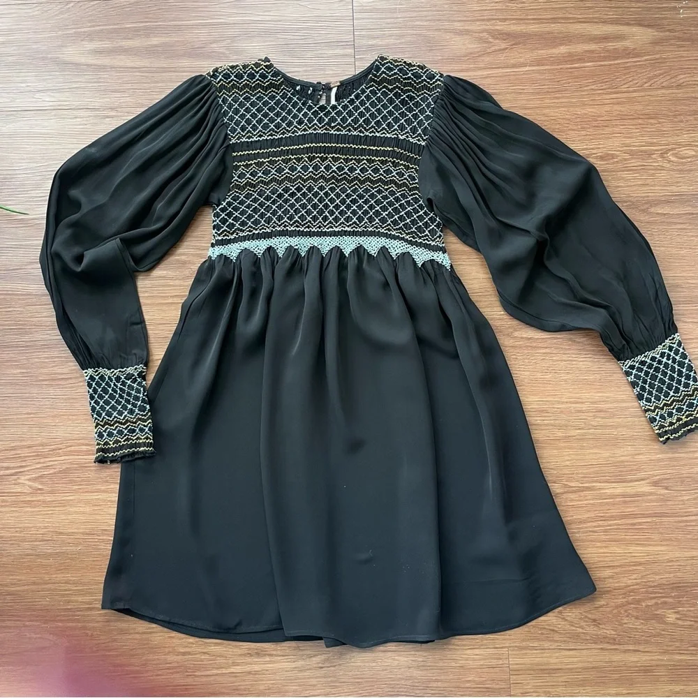FREE PEOPLE Black Smocked & Embroidered Bohemian Mini Dress. NWOT, Size M - Picture 3 of 10